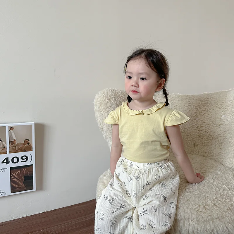 

2023 летняя детская футболка в Корейском стиле летающие рукава хлопковая мягкая модная новая дизайнерская Симпатичная повседневная футболка с агарическим краем