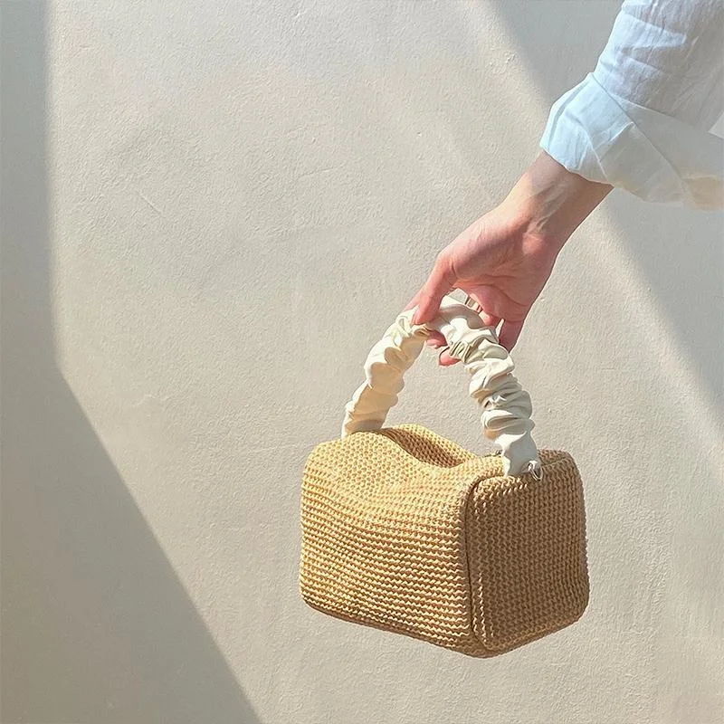 

Summer Weaves Bag Women PU Bucket Casual Zipper Solid Casual Simple Shoulder Bag Handbag Purse Beach Bag All-match Small Fresh