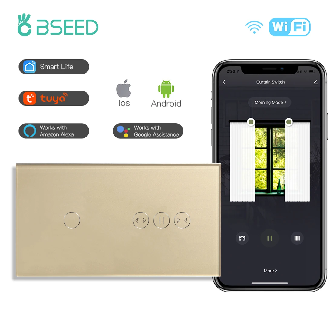 

BSEED Curtain Wi-Fi Switch Беспроводные умные переключатели 1/2Gang 1/2/3Way Сенсорный выключатель света Стандарт ЕС Поддержка приложения Google Alexa Tuya