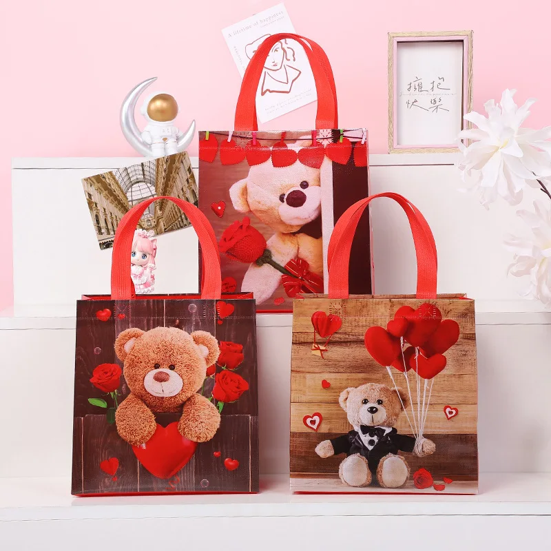

Valentine's Day Gift Bag Cute Rose Bear Waterproof Non-woven Bag Happy Valentine Party Decor Love Heart Gift Portable Handbag