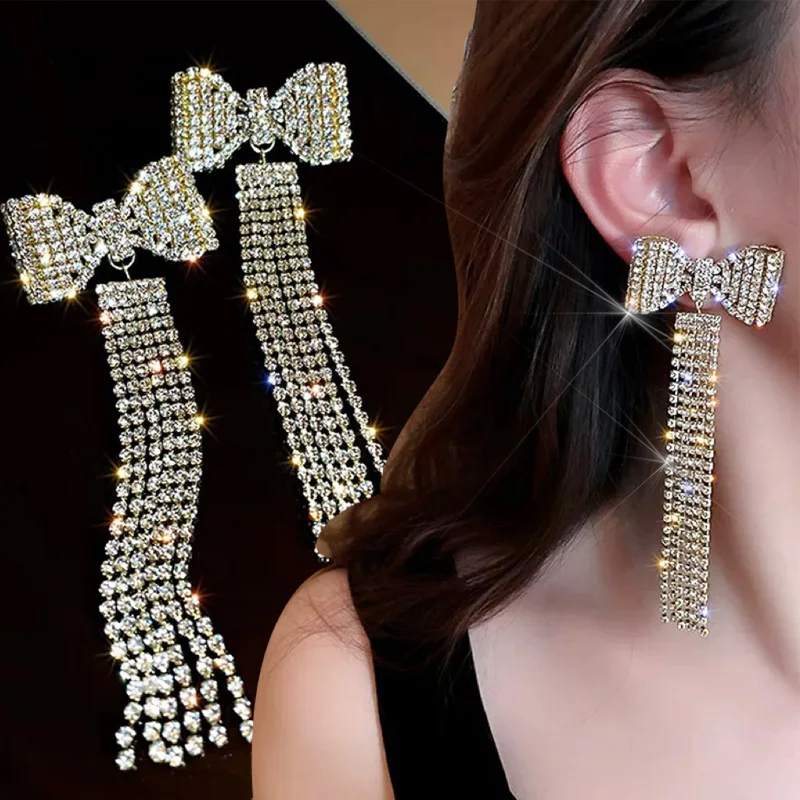 

Fashion Rhinestones Earrings for Woman Tassels Bowknot Shiny Zircon Ear Ring Korea Ear Jewelry Gift Exaggerated Long Earrings