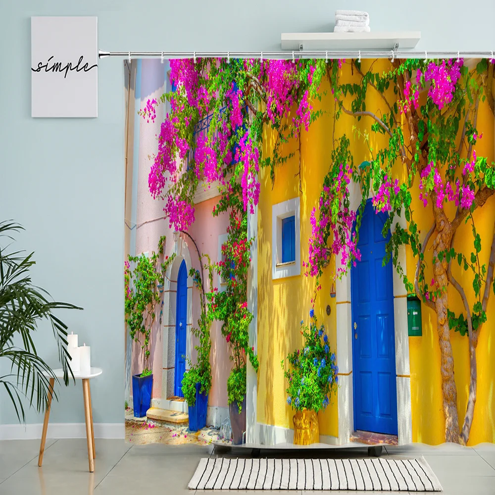 

Flowers Street Scenery Greece Window View Green Plants Rattan Garden Retro Wall Art Bathroom Decor With Hook Waterproof Screen
