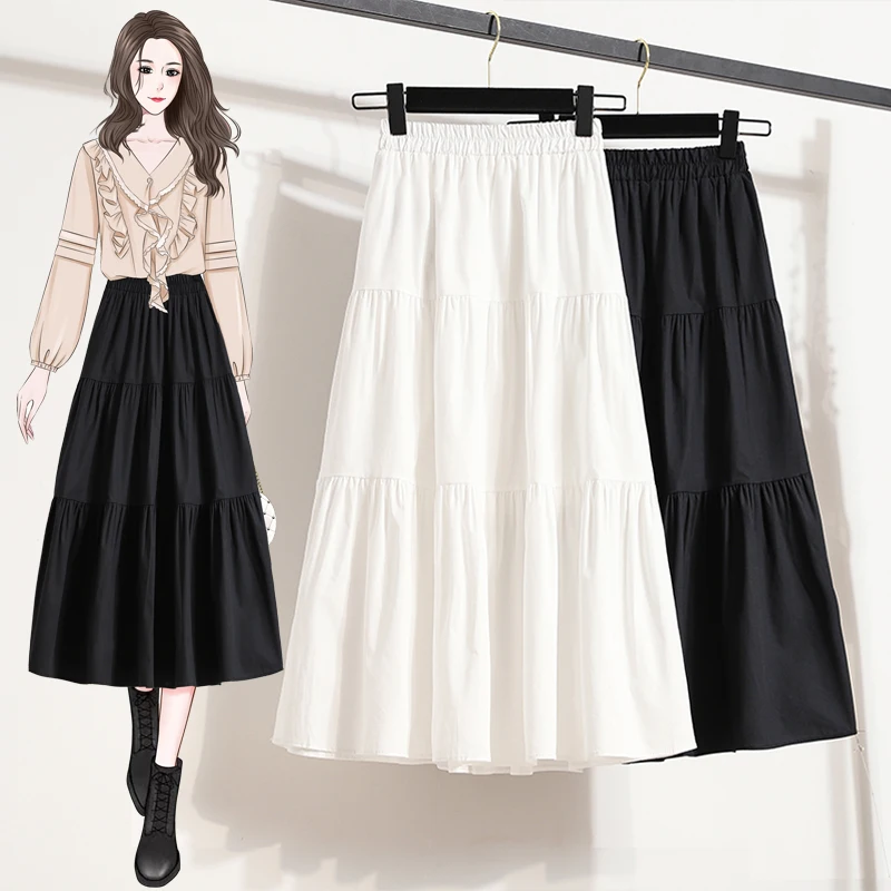 

Summer Fashion Skirt for Woman Black/White Women's Casual Elastic High Waist Medium Length Midi Long A Line Skirts