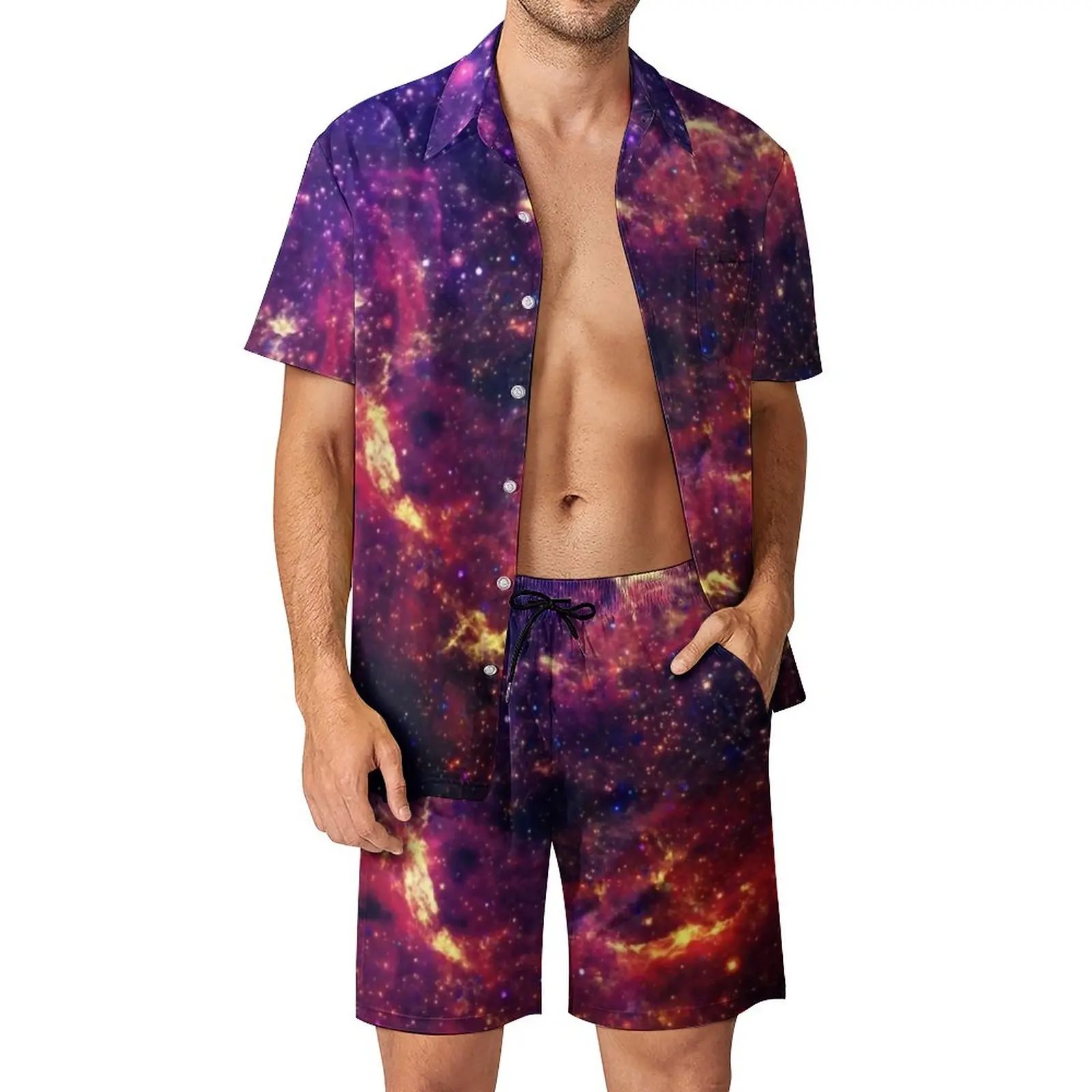 

Galaxy Men Sets Outer Space Trendy Casual Shorts Beach Shirt Set Summer Retro Graphic Suit Short-Sleeve Oversize Clothes