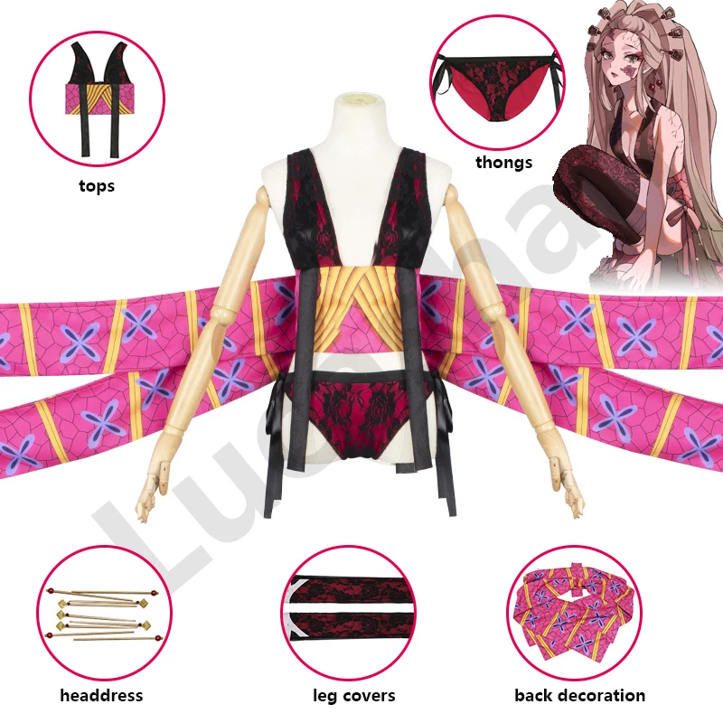 

Anime Demon Slayer Kimetsu No Yaiba Daki Cosplay Costume Women Sexy Uniform Tops Thong Headdress Leg Covers Halloween Party Suit