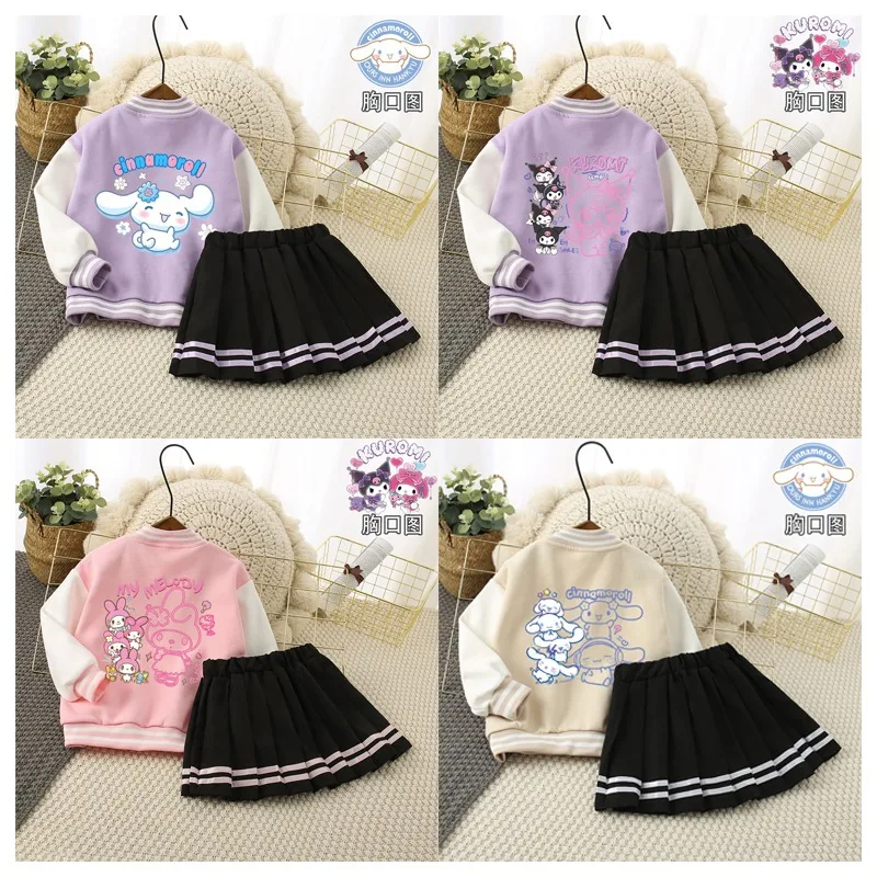 

Sanrioed Children's Academy Style JK Uniform Cute My Melody Cinnamoroll Kuromi Baseball Coat Pleated Skirt Set Clothing Gift