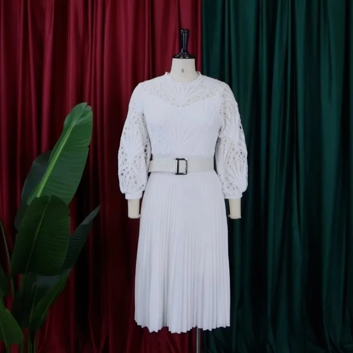 

Summer Fashion Large Lace Hook Flower Sexy Hollow out Pleated European and American Dress Cross border Dress