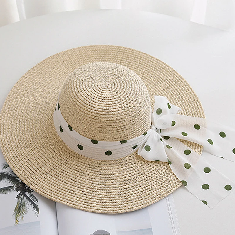 Wide Brim Summer Hat for Women Flat Top Polka Dot Bow Ribbon Straw Hat Sun Hat Beach Hat Sun Protection Jazz Kentucky Derby Hat