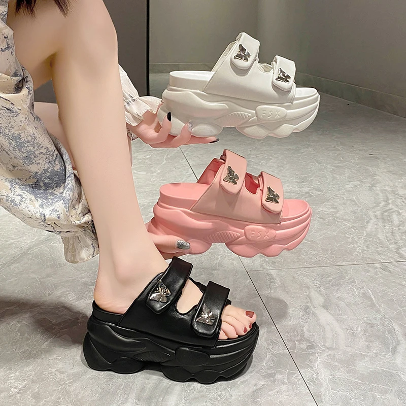 Women Slippers Summer Ladies Beach Flip-Flops Chunky Leather Shoes Wedges Heels Outside Sandals Woman High Platform Slippers 9CM