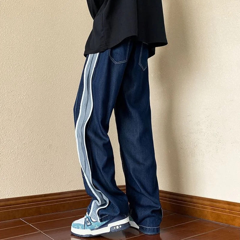 DEEPTOWN Patchwork Straight Jeans Men Streetwear Denim Pants Hip Hop Trousers Male Fashion Sportswear Loose Casual Spring Autumn