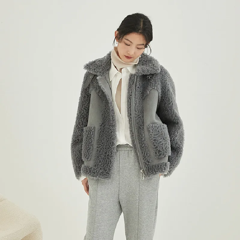 2023 New Solid Color Sheep Shearling Fur Short Coats Female Lady Women Composite Fur Wool Jackets Lambswool Warm Outwear Winter