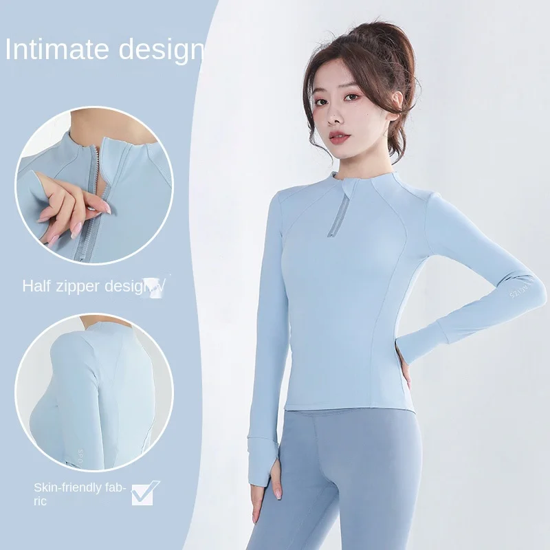 

New semi-zip yoga suit women's long-sleeved sports top nylon bare thumb mouth quick-drying running fitness suit