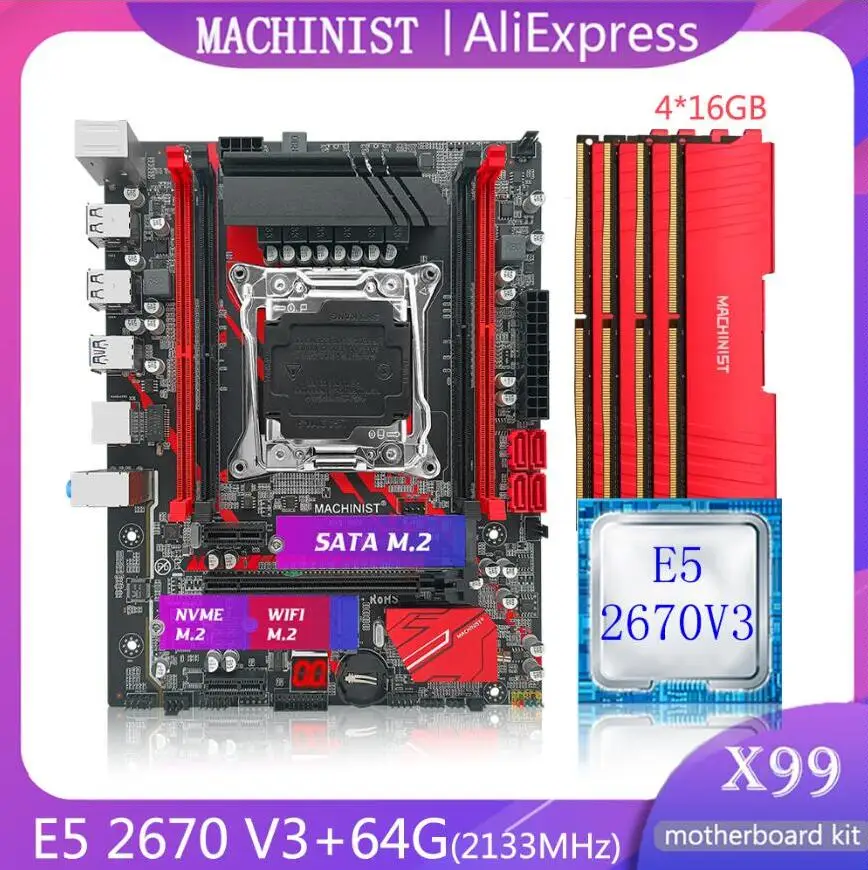 

MACHINIST X99 Motherboard Xeon Kit With E5 2670 V3 CPU 4*16G=64GB DDR4 2133 ECC Memory Combo NVME SATA M.2 USB3.0 Four Channel