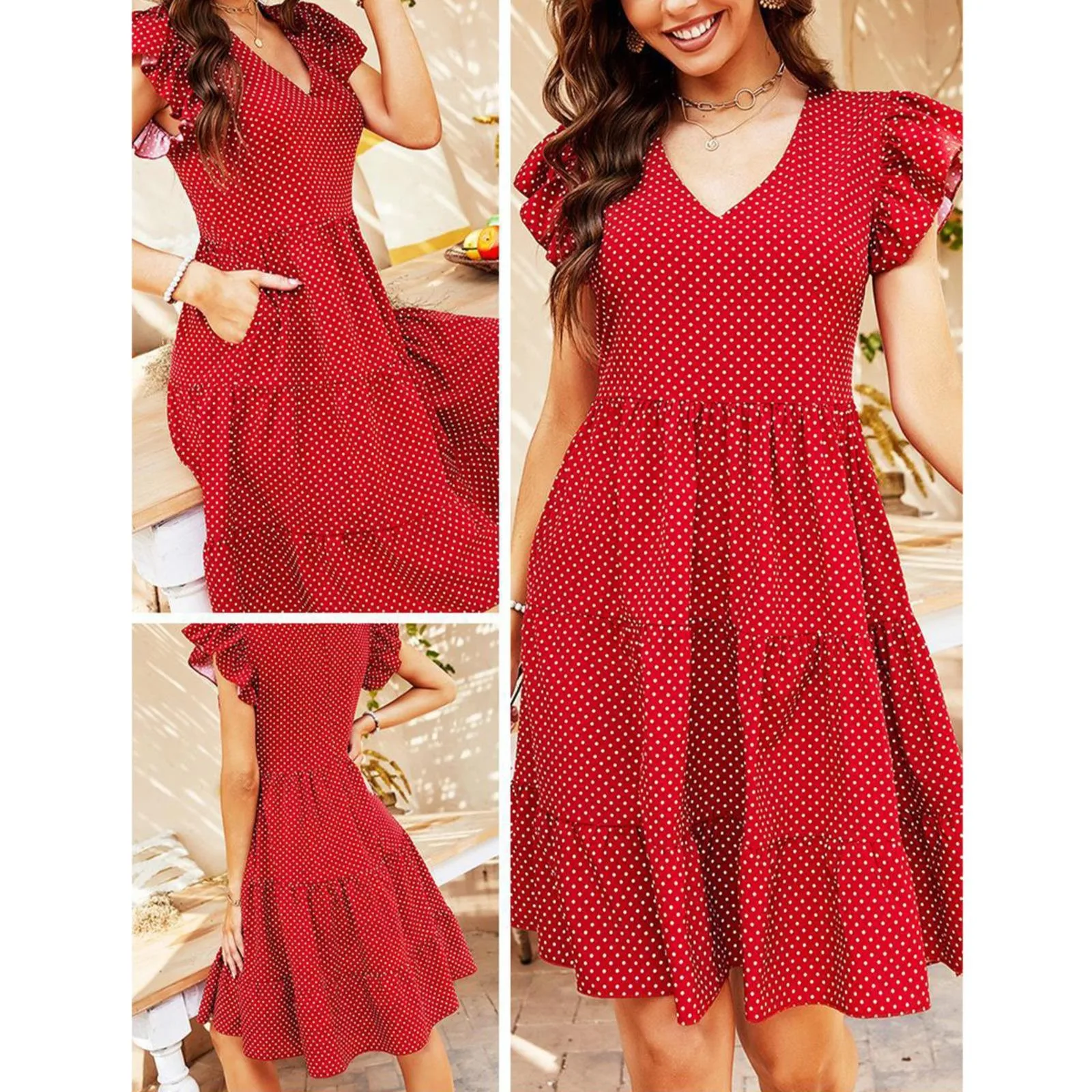 

Летнее платье в горошек с V-образным вырезом без рукавов