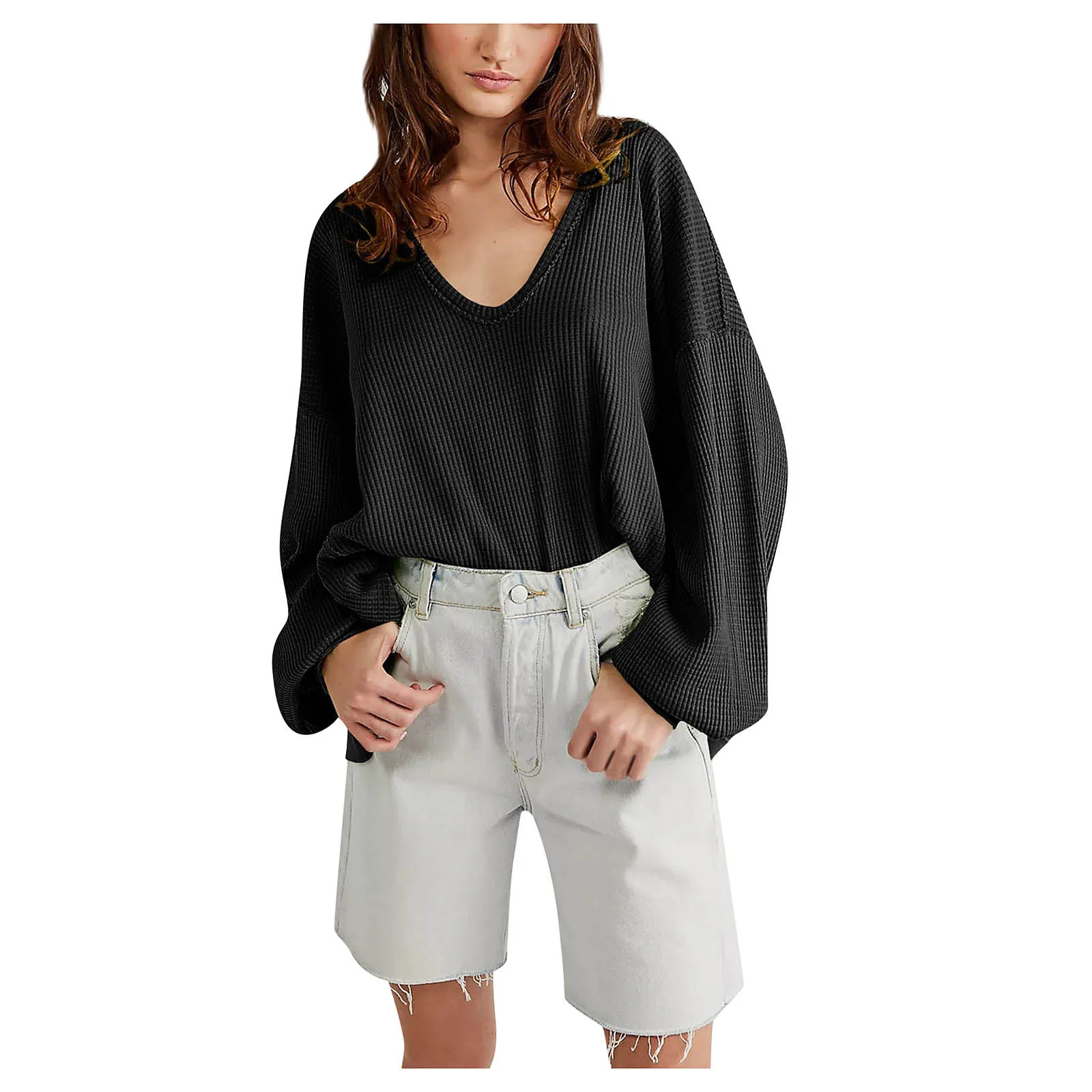 

Women Pullover Sweater 2022 Casual Solid V Neck Long Sleeve Knitted Sweaters Autumn Winter Loose Cashmere Tunic Tops