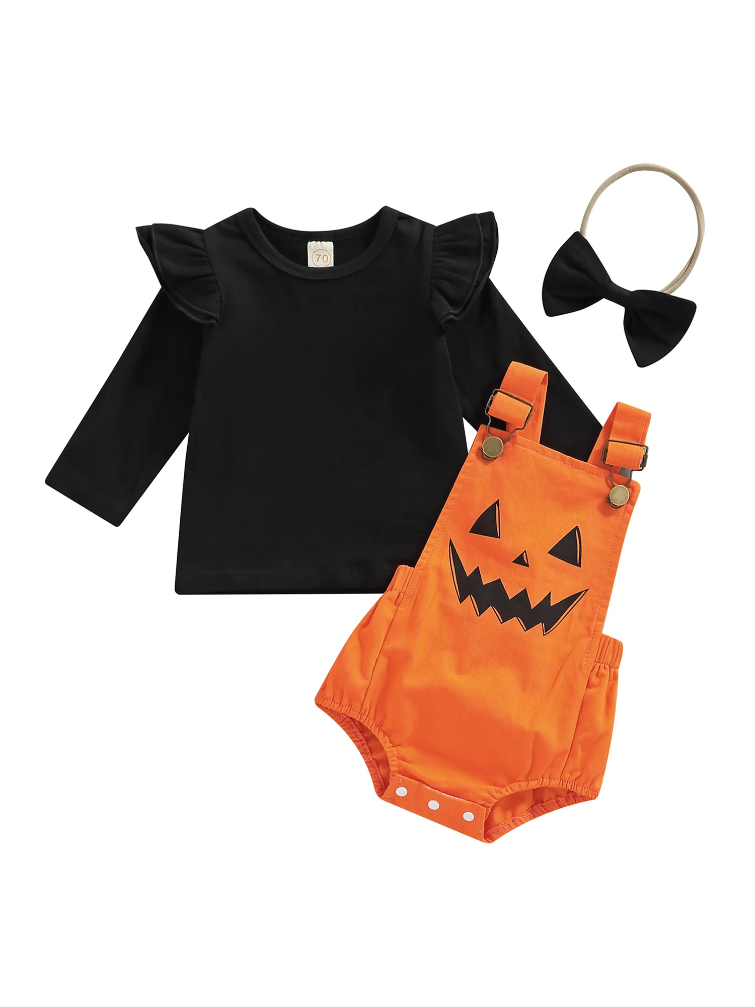 

Halloween Baby Girls Outfit Solid Color Fly Long Sleeve Ribbed Tops Pumpkin Ghost Printing Suspender Romper Headwear