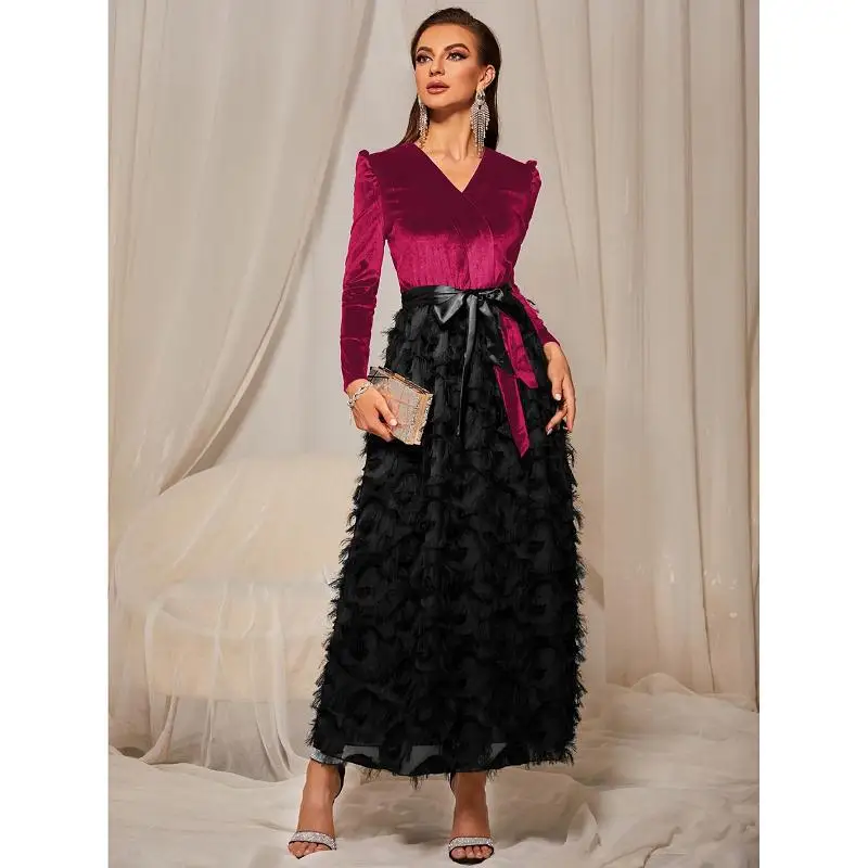 

Sexy Bodycon Velvet Long Dress Women Apring Long Sleeve V Neck Party Dresses Female Velvet Patchwork Dress Robes Vestido