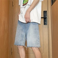 denim shorts mens summer retro korean type ins loose straight leg frayed hem fifth pants high street bermuda shorts