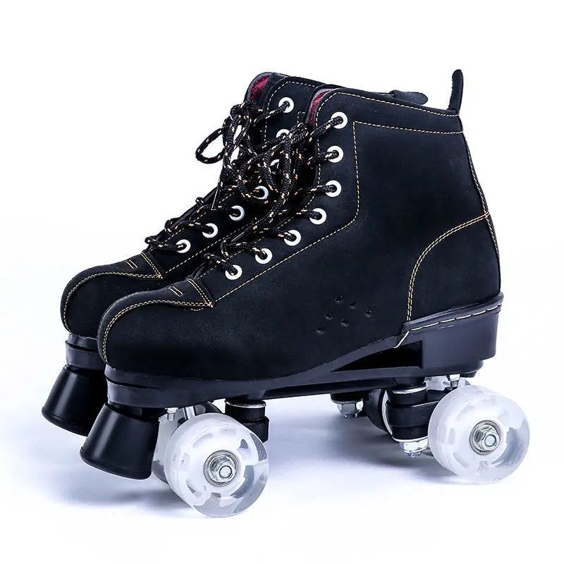 

Black Leather Quad Roller Skates Woman Sneakers 4-Wheel FLash patines de 4 ruedas Man Children Outdoor Skating Shoes