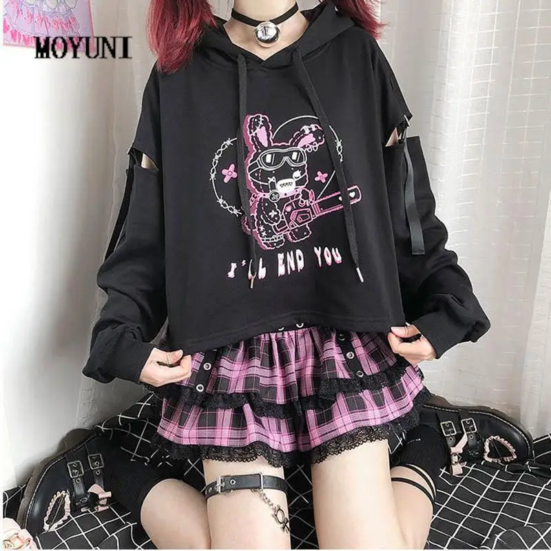 

Hoodie Bunny Print Women Harajuku Kpop Gothic Punk Autumn Kawaii Sweatshirt Hoody Female Aesthetic Tee Black Casual Grunge