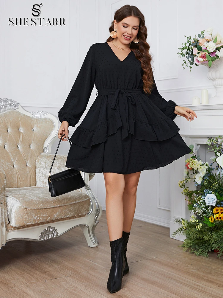 

SHESTARR Ruffle Women Dresses Plus Size Fashion Spring Autumn Black Swing Casual Flowy Chic Elegant Lace Up Dress Women Clothing
