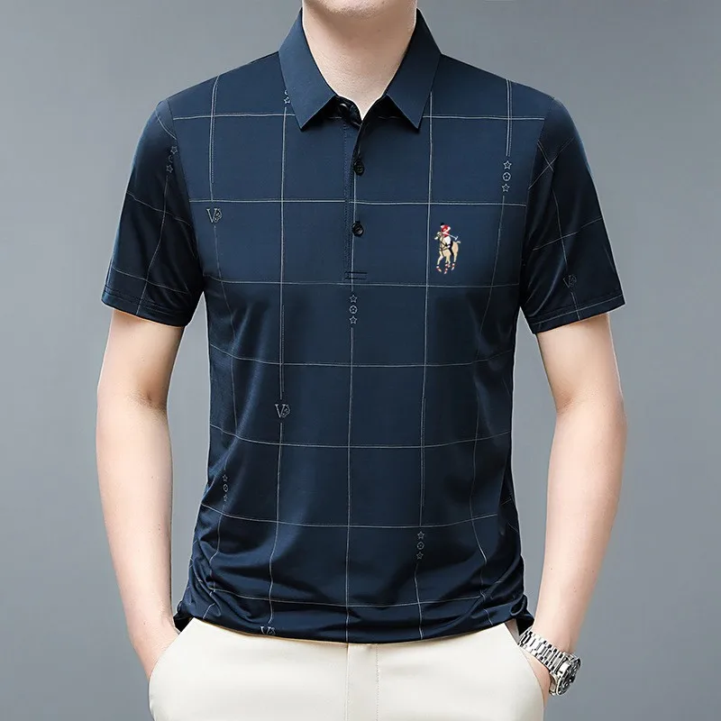 Men's summer embroidered polo shirt short sleeved casual business ice polo shirt plaid pattern T-shirt golf clothing men