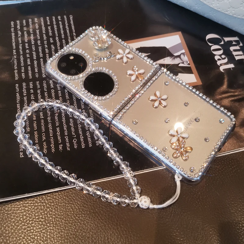 Складной защитный чехол для Huawei P50, женский роскошный чехол с кристаллами и кроликом для Huawei P50 Pocket