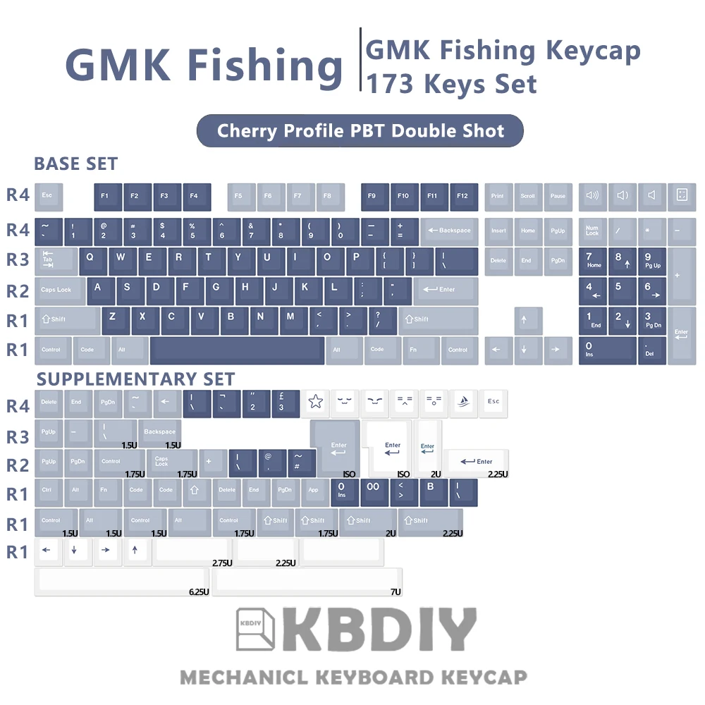KBDiy GMK Fishing ABS Keycap Blue Cherry Profile ISO Double Shot  173 Key Caps Set for Mechanical Gaming Keyboard Custom Keycaps