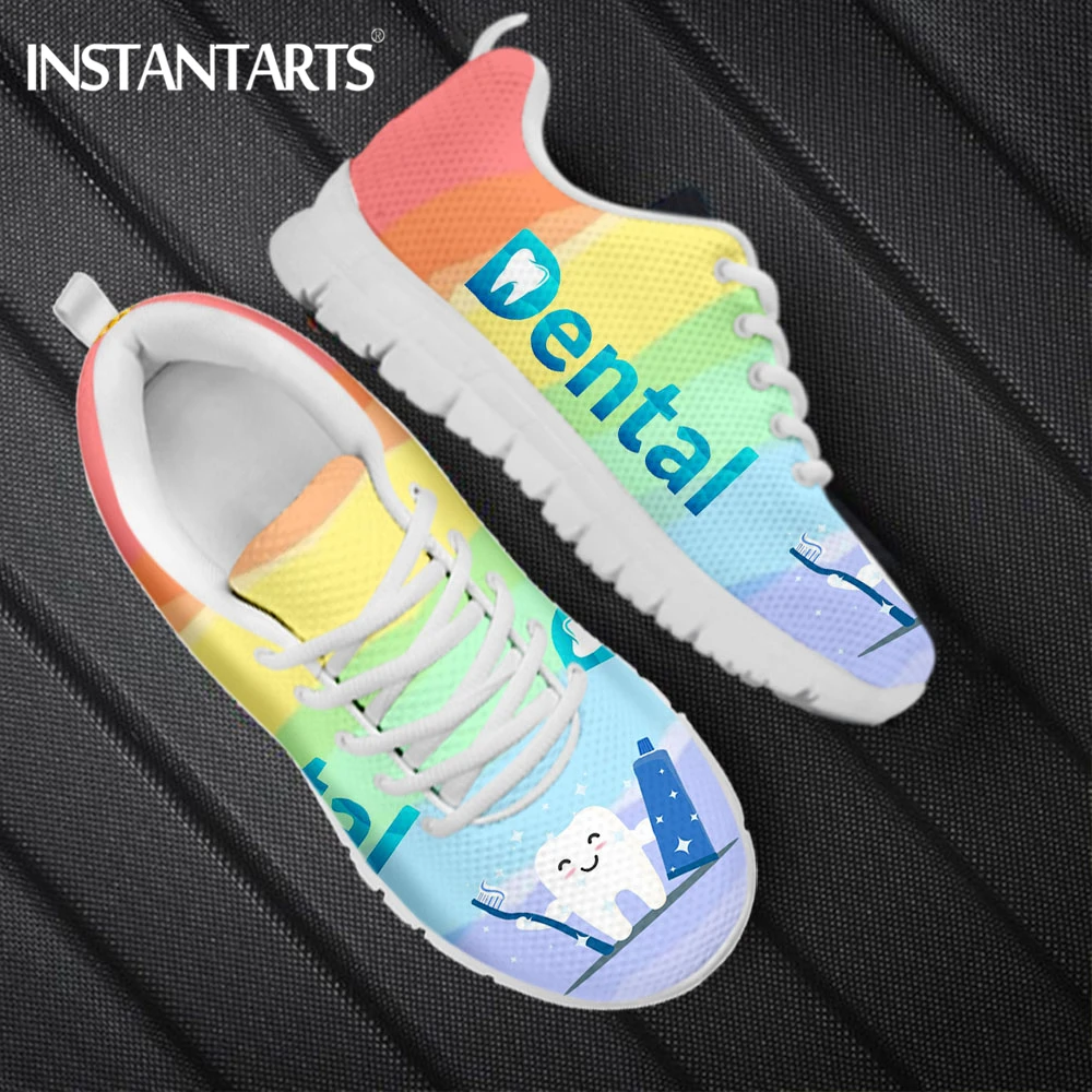 

INSTANTARTS Lovely Dental Cartoon Tooth Pattern Girls Casual Sneakers Breathable Soft Flat Shoes for Women Lace up Zapatillas