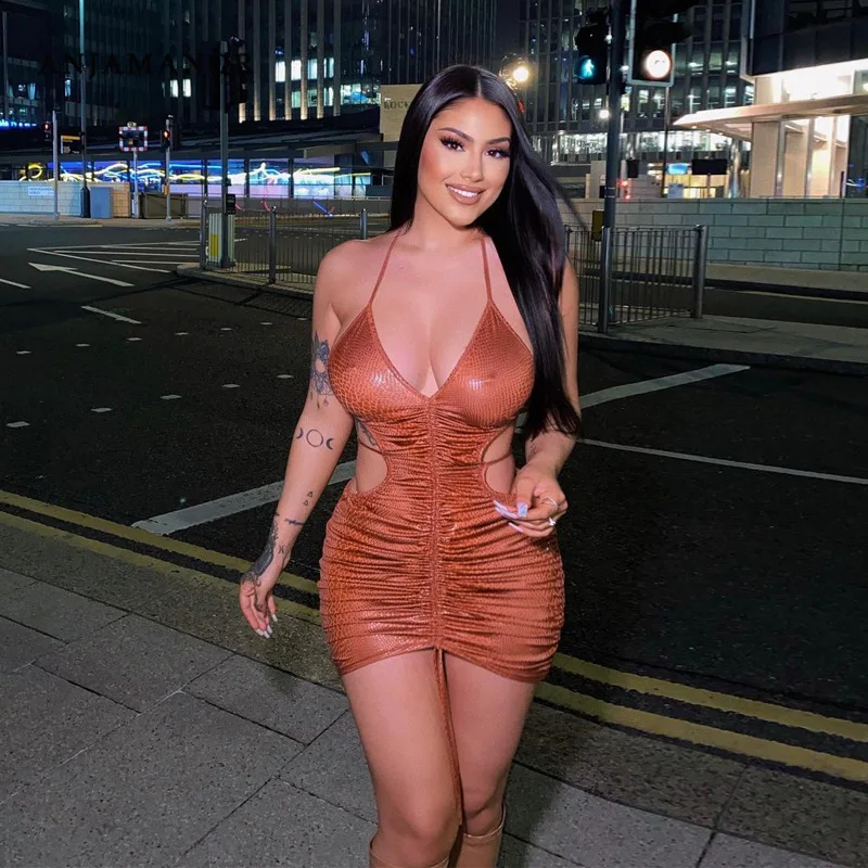 

ANJAMANOR Sexy Hollow Out Backless Halter Bodycon Mini Dresses for Women Party Birthday Sexy Winter Club Outfits D16-CZ18