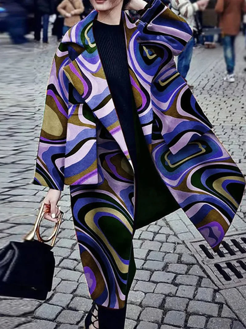 

2023 Winter Woolen Coat Casual Printing Fashion Polo Collar Coat Coat Female