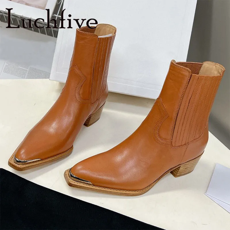 

High Quality Genuine Leather Chunky High Heels Chelsea Boots Women Slip On Pointed Toe Short Boots Brand Sexy Runway Ladies Boot