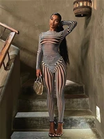 mesh striped print 2piece set women outfit sexy body shaping long sleeve o neck topskinny elastic pants lady casualwear