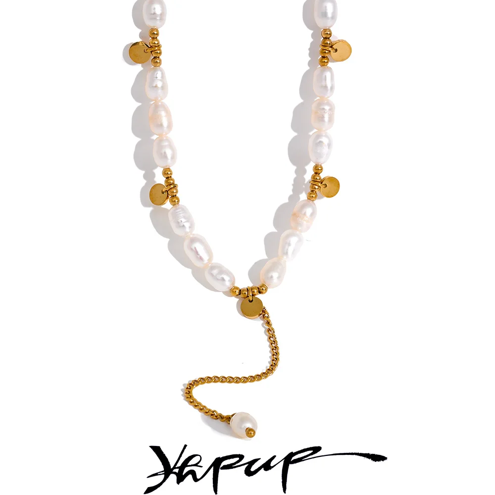 

Yhpup Elegant Natural Freshwater Pearls Chain Long Drop Stainless Steel Handmade Luxury Bib Necklace Jewelry Bijoux Women Gift