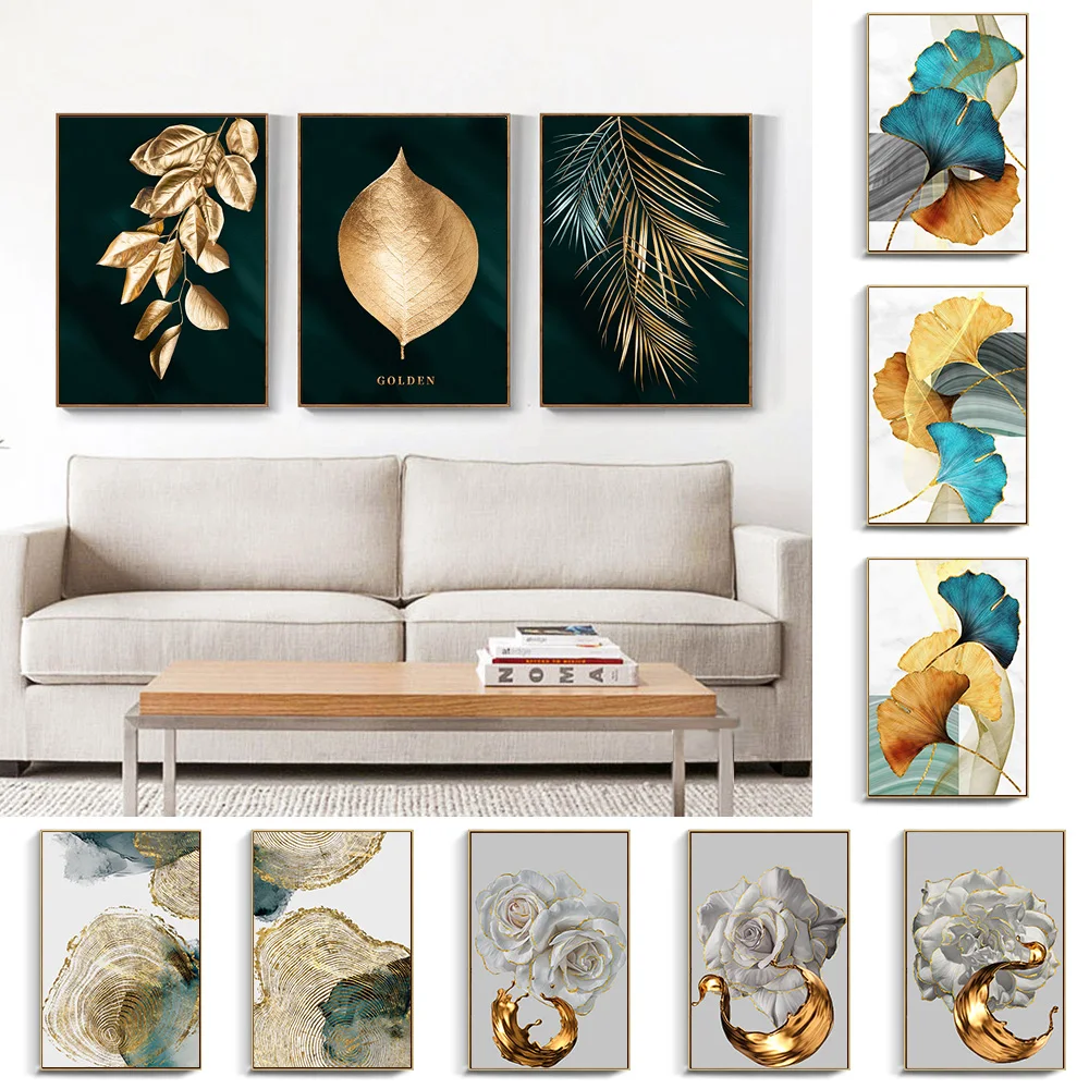 

Abstract Golden Plant Leaves Picture Wall Poster Modern Style Canvas Print Painting Art Aisle Living Room Unique Decoration