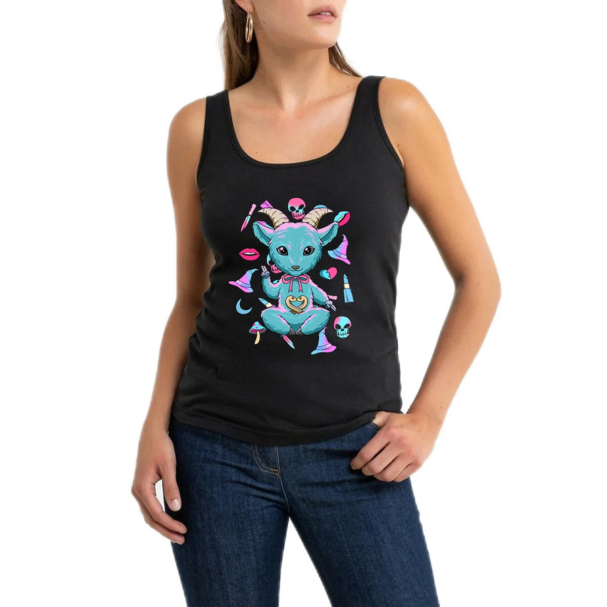 

Cute Goat Satan Pattern Sexy Breathable Tank Tops Women's Leisure Sleeveless T-Shirt Gym Fitness Tee