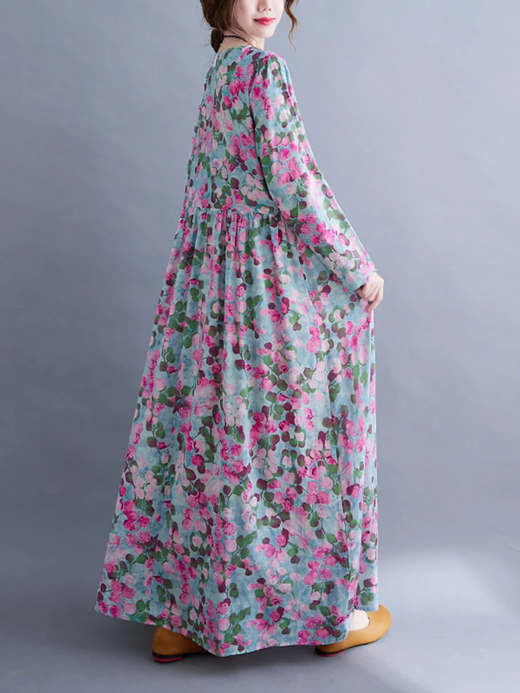 

Платье женское длинное из хлопка и льна, Элегантный Повседневный Сарафан с длинным рукавом и винтажным цветочным принтом, фиолетовый цвет, ...