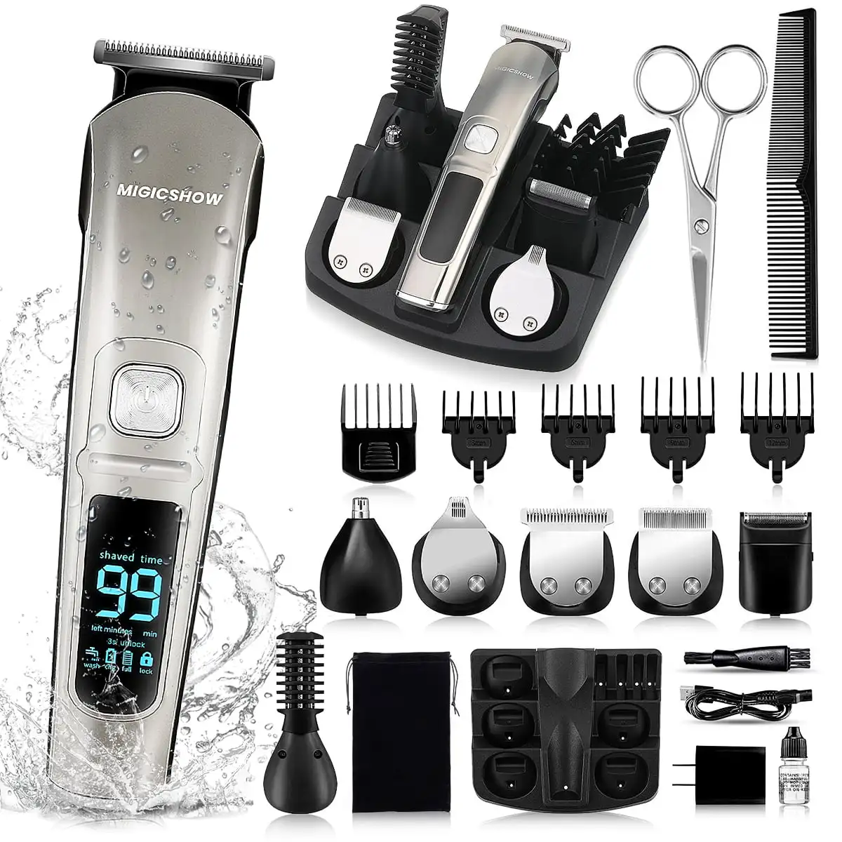 

Beard Trimmer, Waterproof Cordless Hair Clippers Hair Trimmer for Men All in 1 Grooming Kit