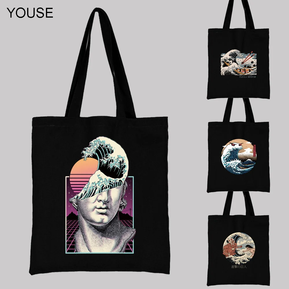

YOUSE Shopping Bag Women's Black Tote Hand Canvas Reusable Landscape Wave Printed Shoulder Bag Large Capacity Foldable Handbag