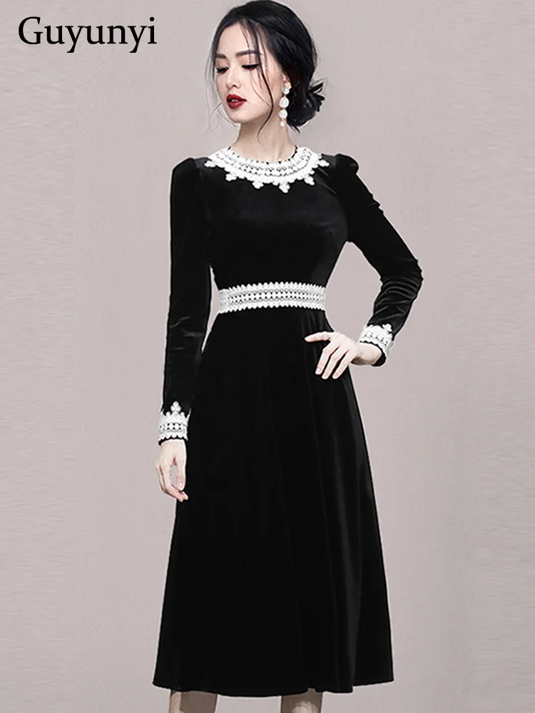 

Винтажное черное бархатное платье, весна 2023, белое кружевное платье с наклейками на автомобиль, с круглым вырезом, с высокой талией, элегант...