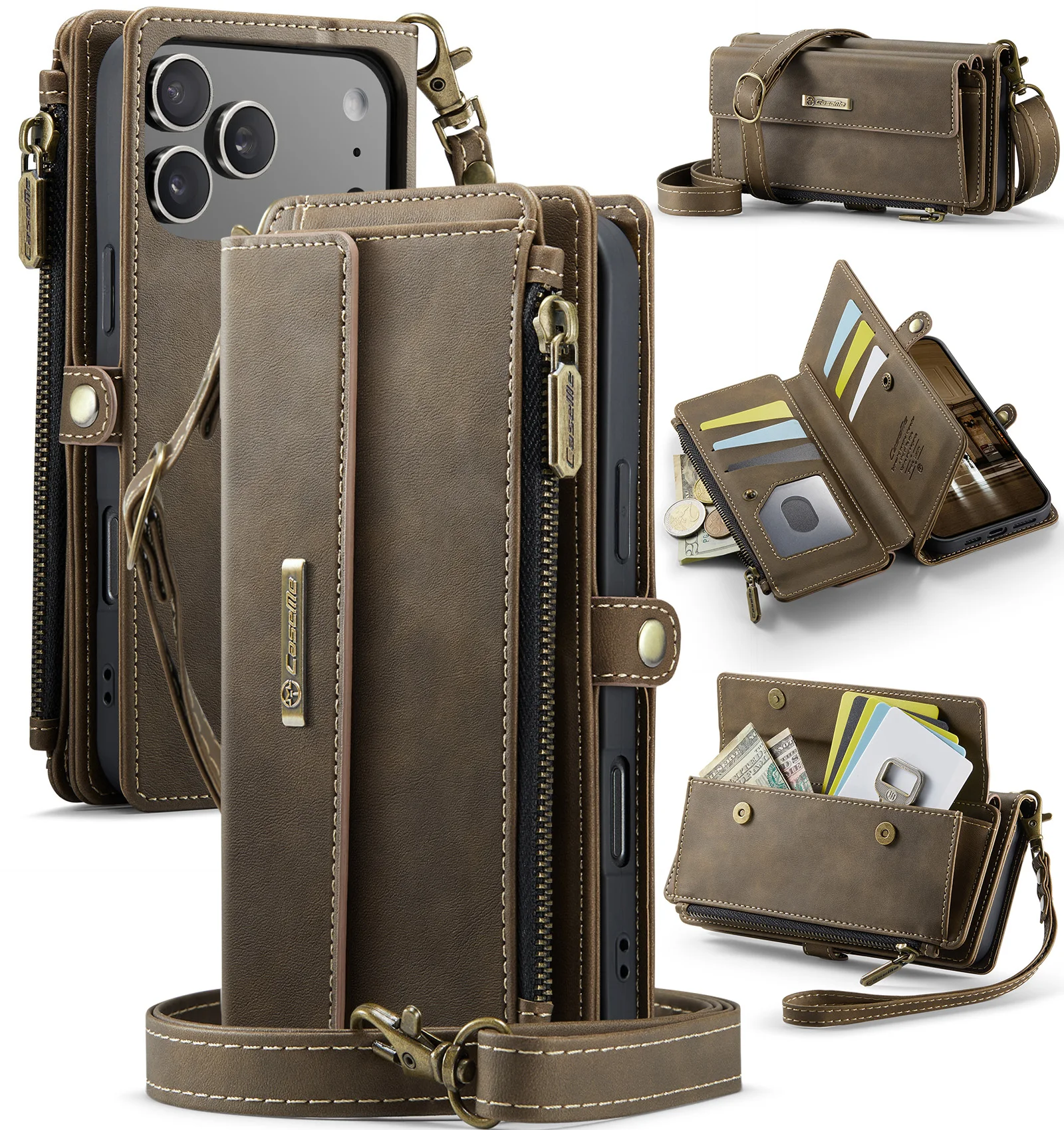 Фото Кожаный чехол Business Magnetic Card Solt Wallet для iPhone 17 Pro Max 16 Plus 15 14 13 12 11 Откидная длинная сумка на ремешке для книги №1