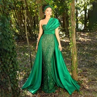green prom dress one shoulder detachable train party gowns luxury saudi arabia evening dresses sequined beading robe de soiree