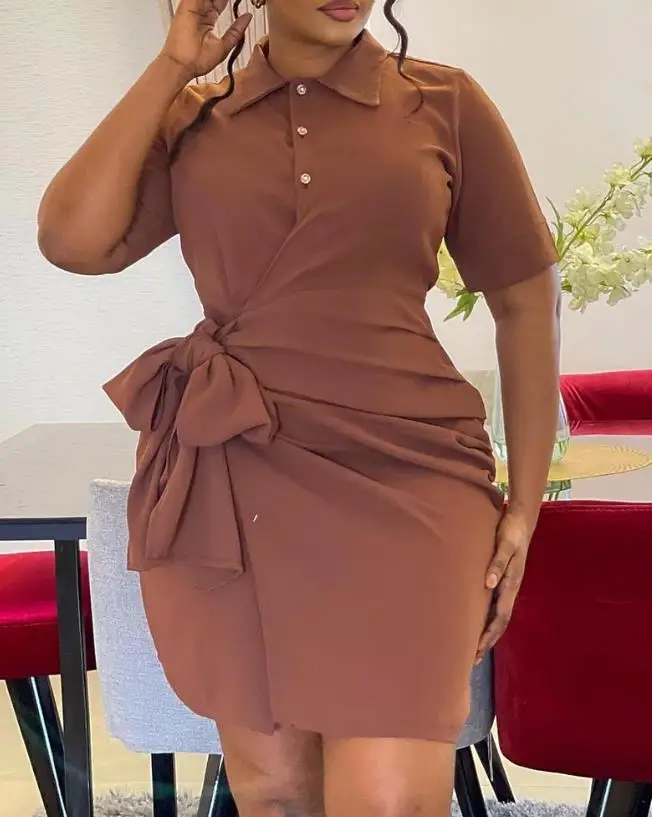 

Women's Dress Summer 2023 New Solid Color Turn-Down Collar Side Tied Detail Buttoned T-Shirt Work Dresses Above Knee Mini Dress