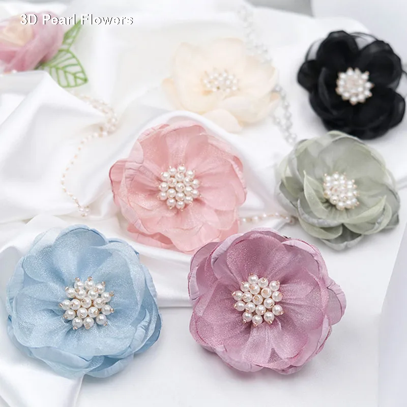 

7.5CM NEW Burned Edge 3D pearl camellia flower yarn patches DIY sewing Corsage applique wedding dress cloth Christmas decor