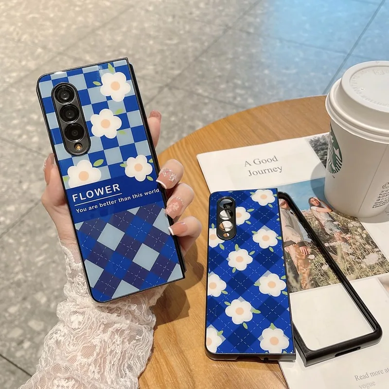 

Fashion Korean Flower Blue Phone Case for Samsung Galaxy Z Fold 3 5G Hard PC Back Cover for ZFold3 Case Protective Shell