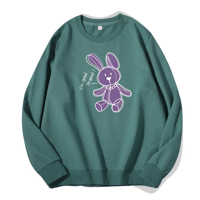 

New Women Casual Clothes Fashion Pullover Purple Rabbit Print Sweatshirt Girl 300G Pure Cotton Hoodies Long Sleeve Tops