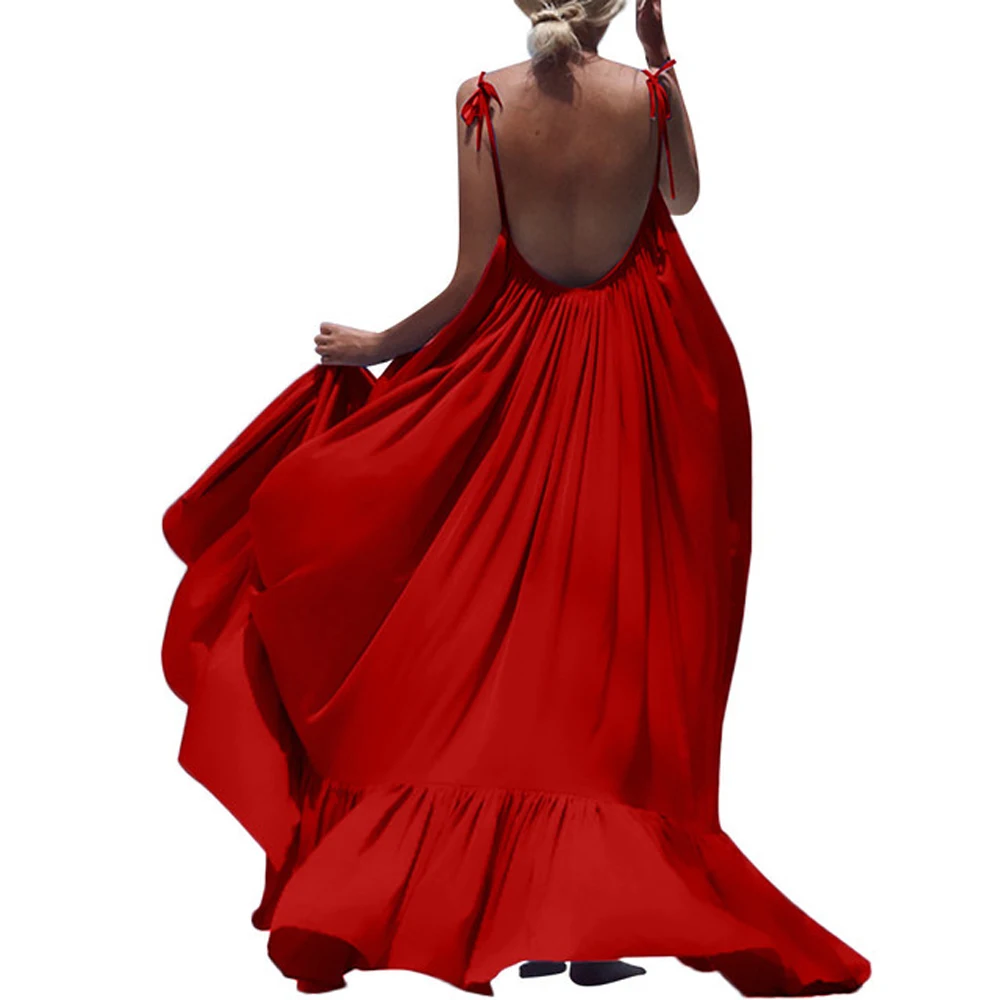 

Summer Dress Women Sexy Short Sleeve Ruffled Maxi Long Dress Casual Loose Solid Pleated Beach Vestido Robe S-3XL Vestido
