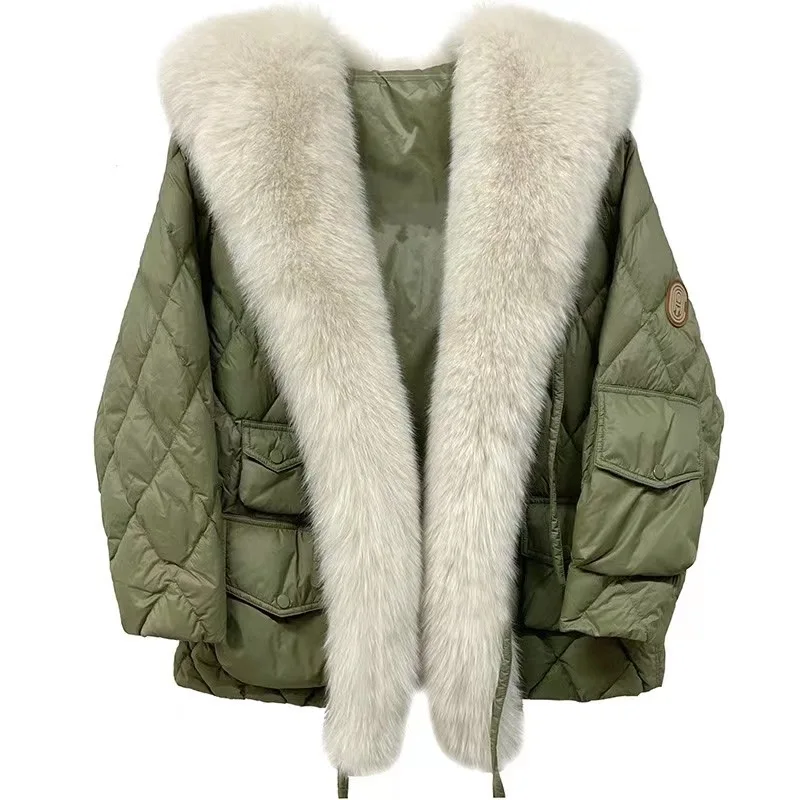 2022 Winter Women Large Faux Fox Fur Collar  Down cotton Jacket Female Loose Style Puffer Coat Warm Snow Parkas