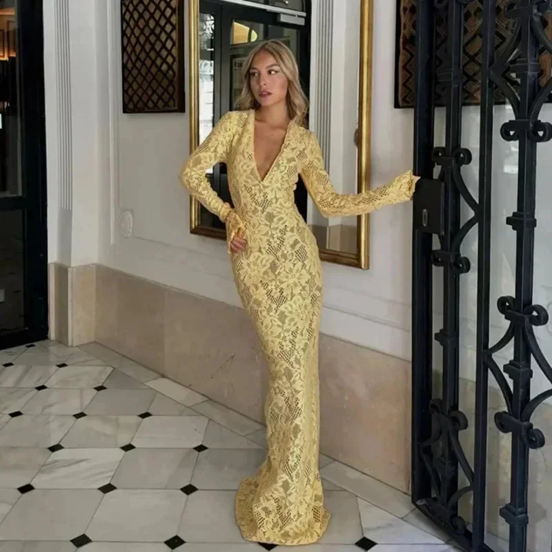 Сексуальное кружевное тонкое длинное платье с глубоким v-образным вырезом