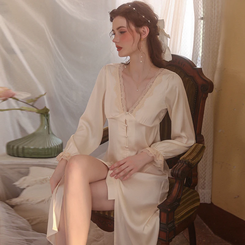 Sexy Mousse 2023 Sexy Night Wear Solid Color Long Pajamas Comfortable Sweet Lace Long Sleeve Robe Women's Homewear Set Sleepwear